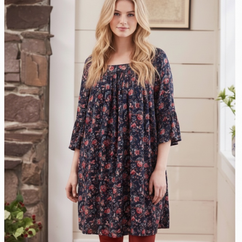 April Cornell Dusk Bloom Oversized 3/4 Sleeve Floral Cottage Core Tunic Dress XS